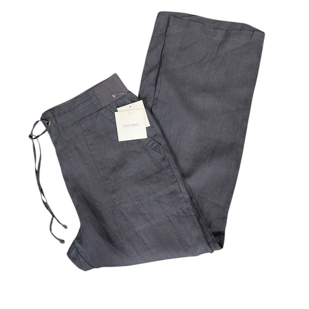 Ellen Tracy Linen Pants Large Gray Iron Drawstring Elastic Waist Lightweight NWT